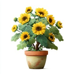 Fototapeta premium Vibrant Yellow Sunflowers in Terracotta Pot on White Background