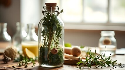 woodruff. Glass bottle with woodruff herbs on rustic table in soft natural light. bar promotions, beverage menus, designed for food & beverage menus and cafe branding, enhances appetite appeal.