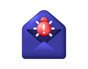 malware message concept. notification of receiving a suspicious and malicious email. virus detected warning. illustration of an open envelope symbolizing a bug or virus. 3D style design