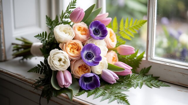 Romantic Bridal Bouquet with Ranunculus, Anemones, and Tulips on Windowsill - Powered by Adobe