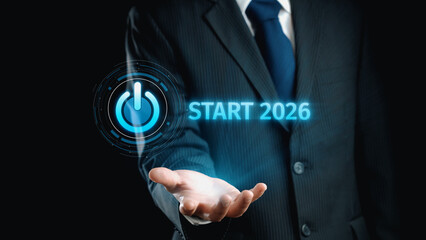 Start 2025 concept with futuristic power button symbolizing fresh beginnings, innovation, and digital transformation. Start 2025, new goals, and start 2025 initiative. Elide