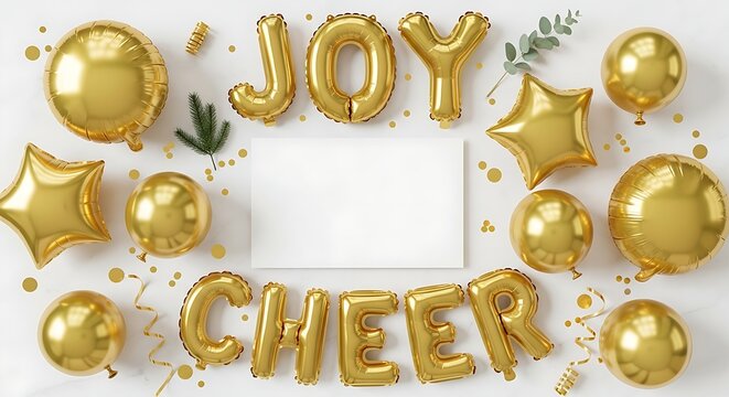 Joy and cheer gold balloon letters isolated on white background, creating a festive and celebratory decoration.