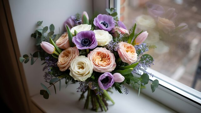 Romantic Bridal Bouquet with Ranunculus, Anemones, and Tulips on Windowsill