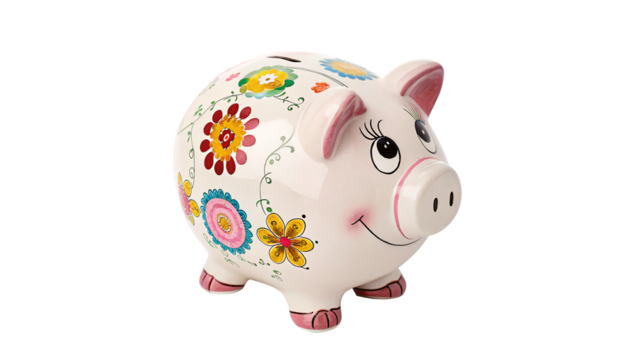 Colorful piggy bank decorated with flowers for children's savings and fun on a transparent background