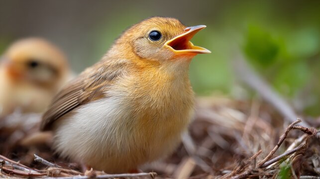 A young bird with its mouth wide open calls for food in its nest. Surrounded by soft twigs and lush greenery, it looks eagerly toward the sky. Its feathers glisten softly in the light of day