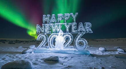 Happy New Year Twenty Twenty Six Ice Sculpture Aurora Borealis