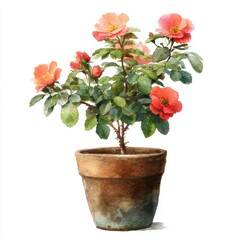 Watercolor Coral Roses in Terracotta Pot