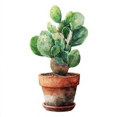 Watercolor Green Cactus in Terracotta Pot on White