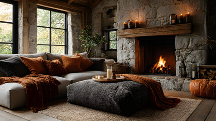 Naklejka premium A cozy living room with a crackling fireplace, decorated with orange and brown autumn-themed throw pillows and blankets