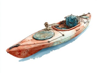 Watercolor Kayak Red and White Aged Kayak Illustration