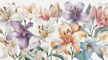 Fototapeta premium Elegant wedding invitation card white background . Minimal hand painted watercolor Lilly flowers texture template background. Design for wedding, vip cover, poster, rsvp modern card.Valentine's Day