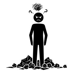 Frustrated stick figure standing on rocks angry and confused vector illustration isolated on white background