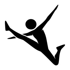 Gymnast stick figure doing a split leap simple black silhouette vector illustration isolated on white background