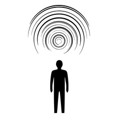 Silhouette of a person standing under concentric circles a vector illustration representing sound waves or influence isolated on white