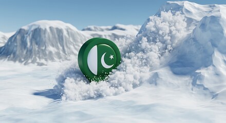 Pakistan flag emblem amidst snow avalanche in the mountains showing strength and resilience, envisioning growth and prosperity in challenging times