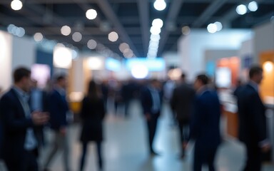 Blurred view of people at a trade show or business expo hall. High quality