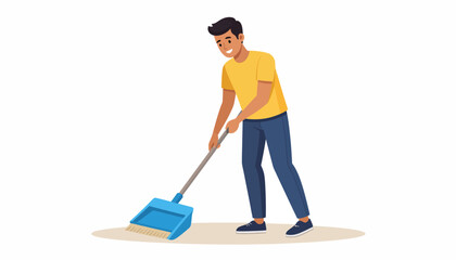 Smiling young man in yellow t-shirt and blue pants sweeping dirt into a blue dustpan with a broom, performing cleaning.