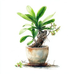 Watercolor Painting of a Potted Plant with Green Leaves