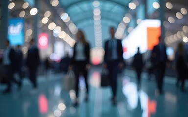 Fototapeta premium blurred business people walking at a trade fair, conference or walking in a modern hall. High quality