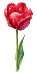 Watercolor Painting of a Single Red Tulip on White