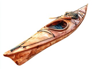 Watercolor Painting of a Wooden Kayak on White Background