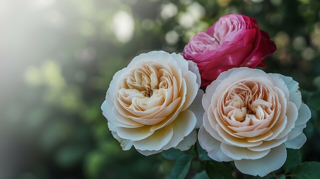 Close-up of creamy peach and pink English roses with soft bokeh garden background
