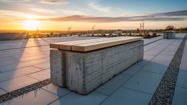 Modern Concrete Bench with Wooden Slats in Courtyard at Sunset