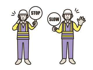 止まれと減速の標識を持つ交通誘導員の男性のイラスト