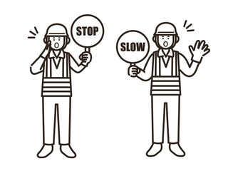 止まれと減速の標識を持つ交通誘導員の男性のイラスト　線画のみ