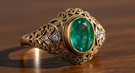 Exquisite Vintage Gold Ring with Oval Emerald Gemstone and Intricate Filigree Design.