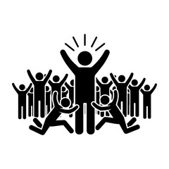 Stick figure leader with raised arms surrounded by cheering crowd vector illustration for business success and motivation
