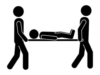 Emergency medical service vector icon silhouette of paramedics carrying patient on stretcher isolated on white background