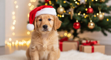 Cute golden retriever puppy wearing a red Santa hat sitting beside a Christmas tree