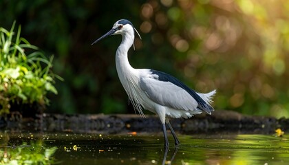 Fototapeta premium A medium shot captures a white and black bird standing in calm, dark water with a green backdrop of vegetation and sunlight