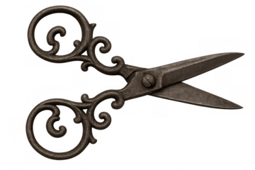 Vintage ornate metal scissors cut, old fashion tailoring tool, antique dark academia crafting instrument on transparent background