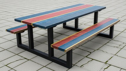 Colorful Picnic Table and Benches on Paved Outdoor Area with Cracked Tiles