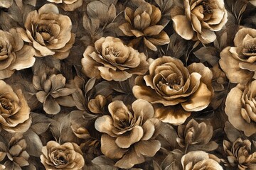 Stunning Floral Pattern with Beautiful Golden Roses and Delicate Leaves on a Dark Background