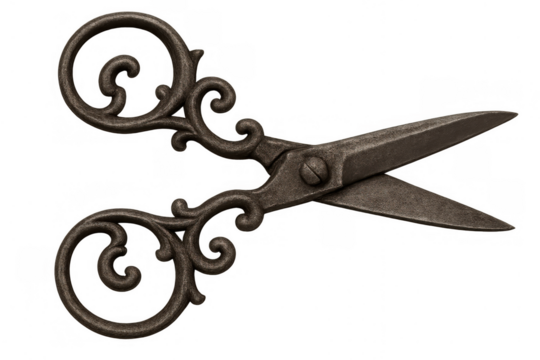 Vintage ornate metal scissors cut, old fashion tailoring tool, antique dark academia crafting instrument on transparent background