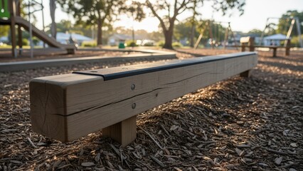 Close up of Wooden Balance Beam with Grippy Surface on Playground Mulch