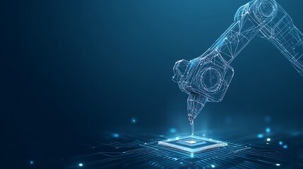 wireframe Robotic Arm Placing AI Processor Chip. Futuristic Manufacturing and Automation Technology Concept.