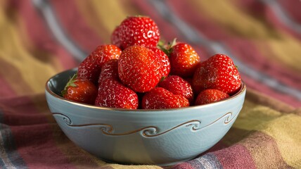 “Close-up of rustic light blue ceramic bowl overflowing with fresh red strawberries on textured fabric