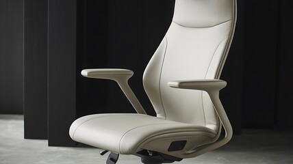 Photorealistic ergonomic high-back office chair in light fabric with metallic accents on dark gradient background