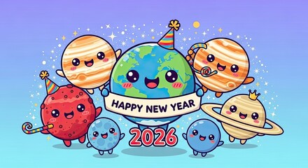 Happy New Year 2026 Earth and Planets Celebration