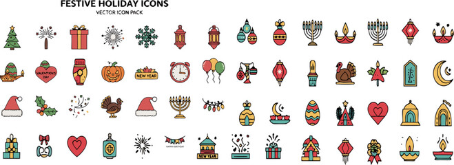 Festive Icons Vector Color Pack &ndash; Celebration, Holiday, Party, Christmas, New Year, Birthday, Event Design