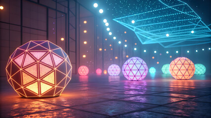 Illuminated geometric crystal eggs in futuristic neon lit environment