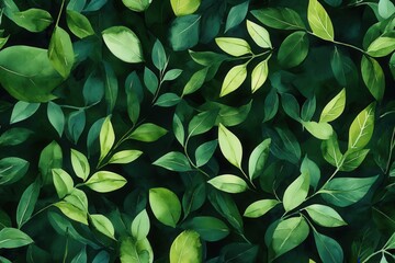 Vibrant Green Leaves Overlapping on a Dark Background, Capturing Nature's Intricate Beauty and Mimicking Elegant Patterns