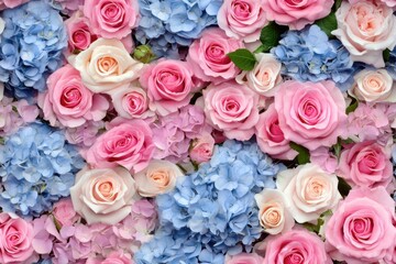 A Stunning Floral Arrangement Showcasing the Beauty of Pink Roses and Blue Hydrangeas in Full Bloom