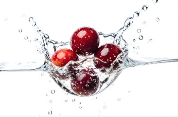 Cranberries splashing into clear water on white background
