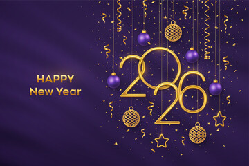 Happy New Year 2026. Hanging Golden metallic numbers 2026 with shining 3D metallic stars, balls and confetti on purple background. New Year greeting card, banner template. Vector illustration.