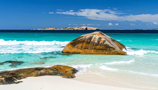 Scenic coastal vista showcasing clear turquoise water gently lapping a white sandy beach, contrasted by large, weathered boulders